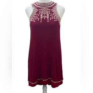 Alya Elegant Dark Red Embroidered Sleeveless Halter Dress. Tie back. Size XS.